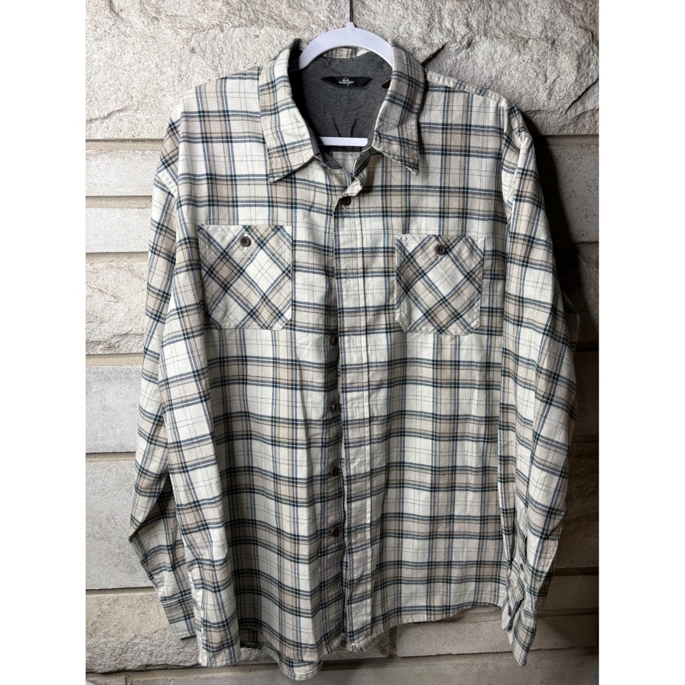 Wrangler Mens XL Plaid Button Down Shirt Long Sleeve Cream Tan HXP3LWW‎